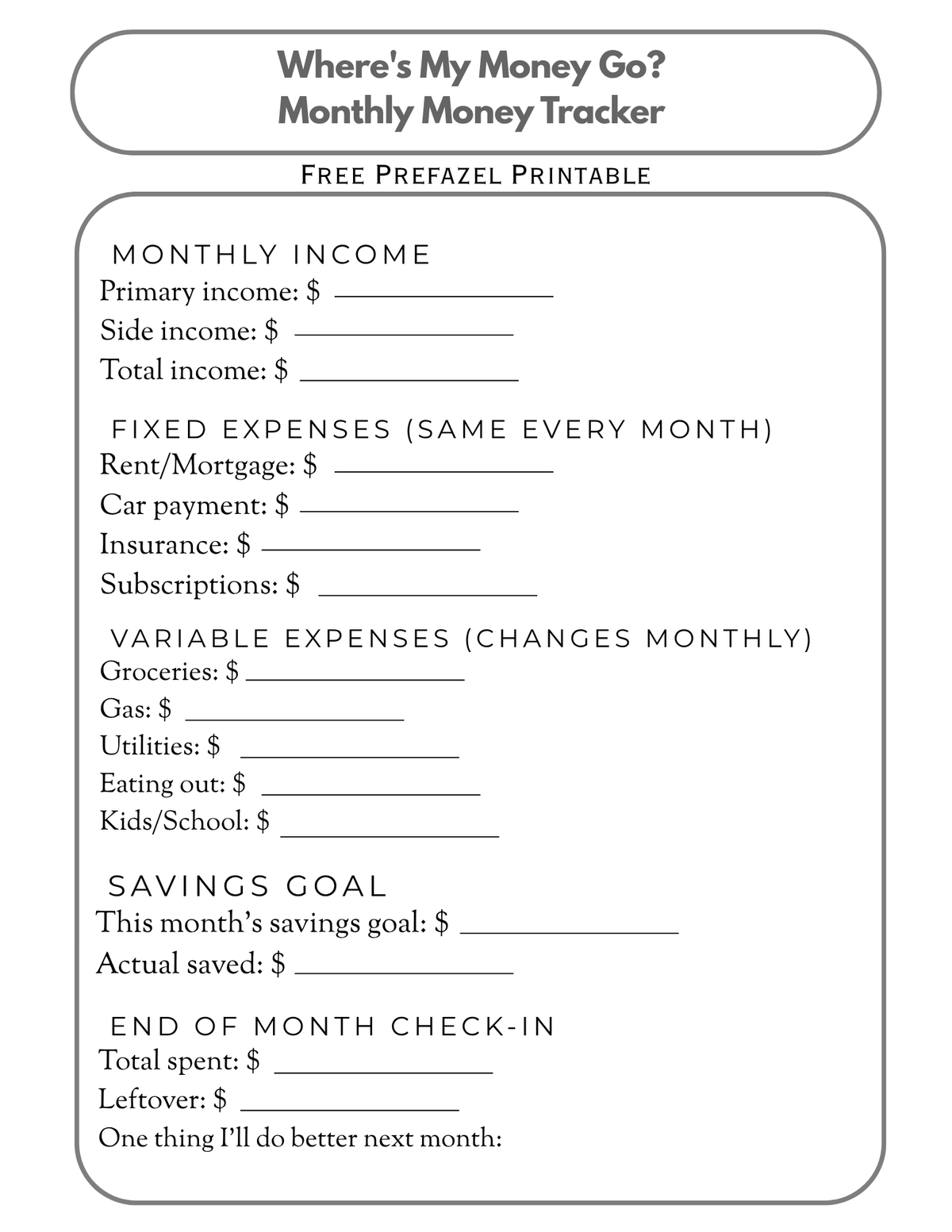 Where's My Money Go? Monthly Tracker – Black & White (Free Printable)