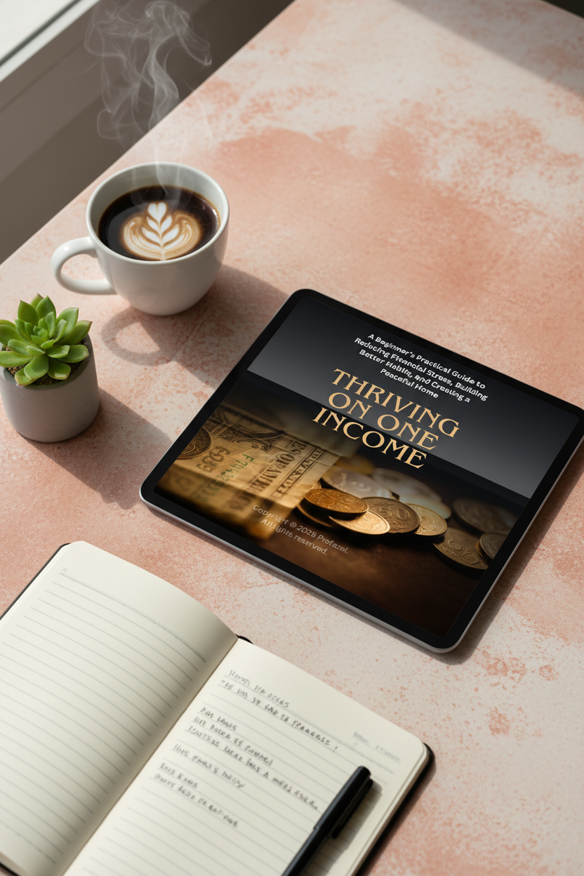 Thriving on One Income ebook displayed on a tablet in a cozy terracotta and cream desk lifestyle scene