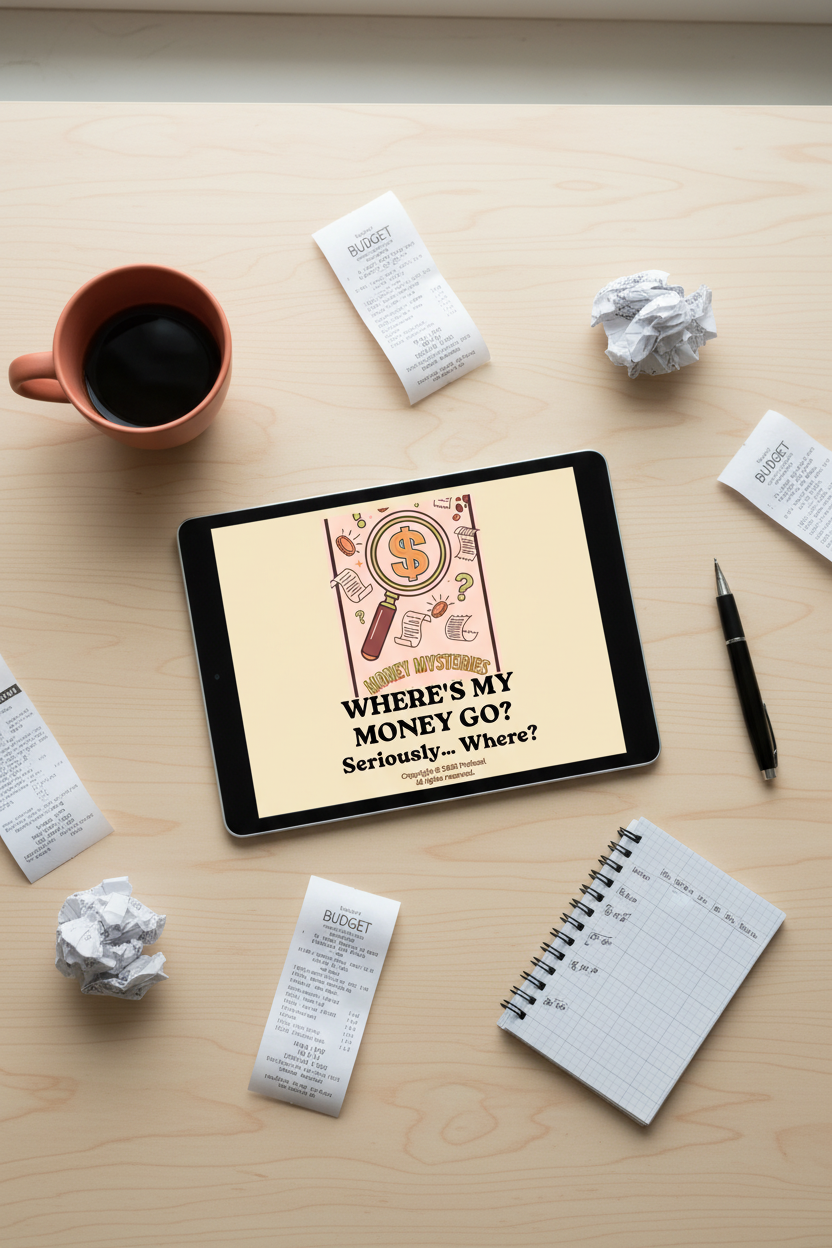 Where's My Money Go ebook on a tablet surrounded by receipts, a coffee cup and notepad on a cream toned desk