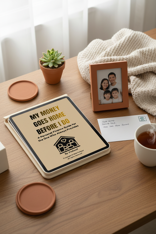 My Money Goes Home Before I Do ebook on a tablet with a family photo frame and remittance envelope in a warm terracotta lifestyle scene